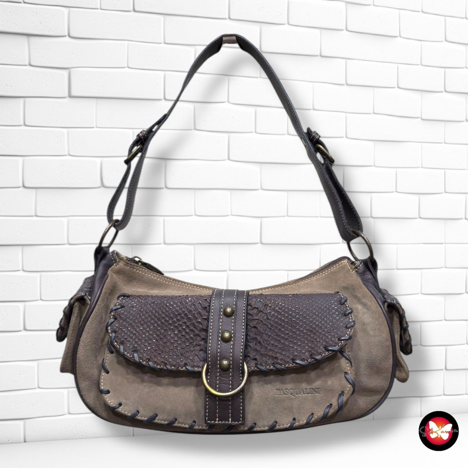 **HOY** Bolso de hombro de ante y piel PASQUALINI color Taupe y marrón Talla MEDIANO