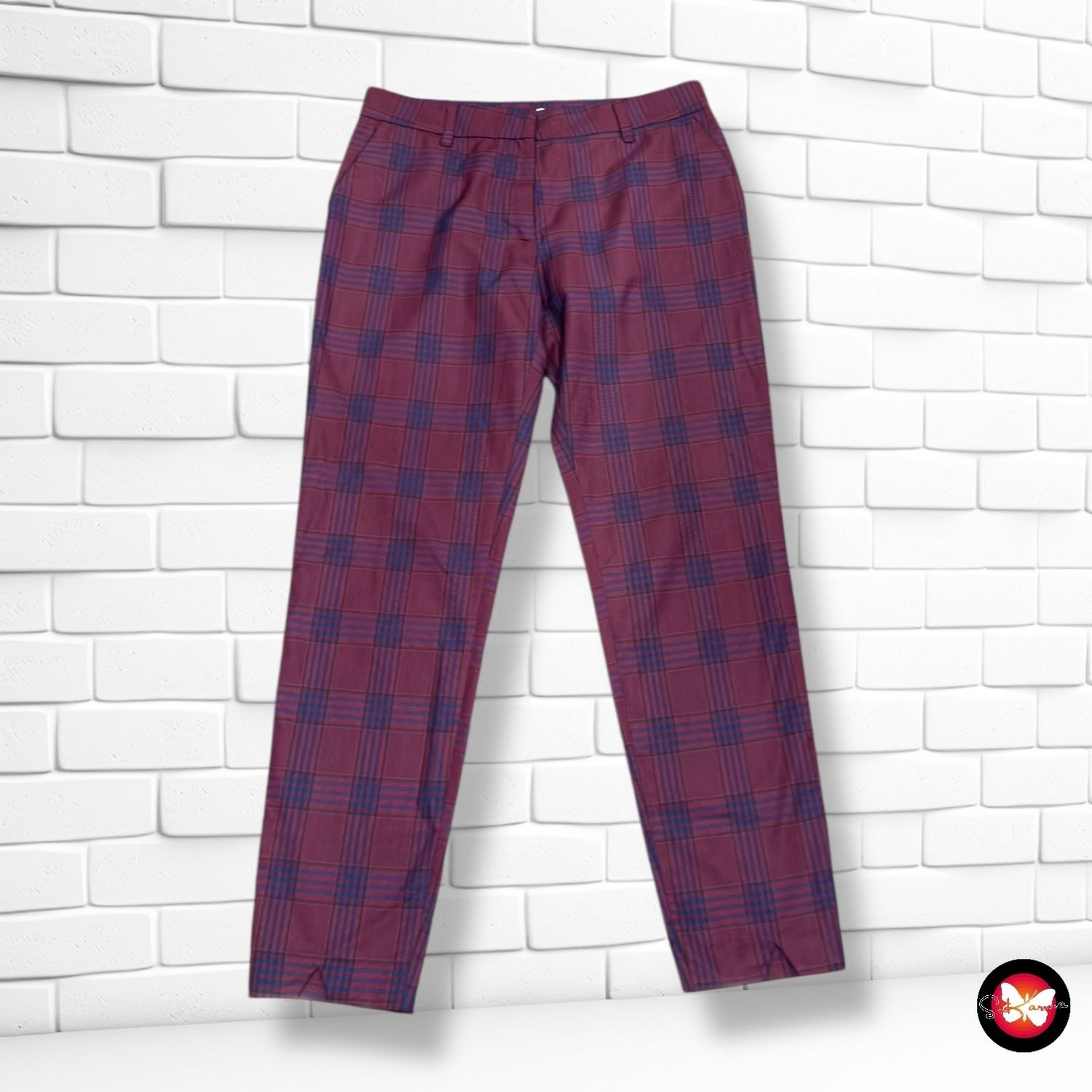 **HOY** Pantalón de vestir de cuadros 2ND ONE color Vino y azul Talla S (W26)