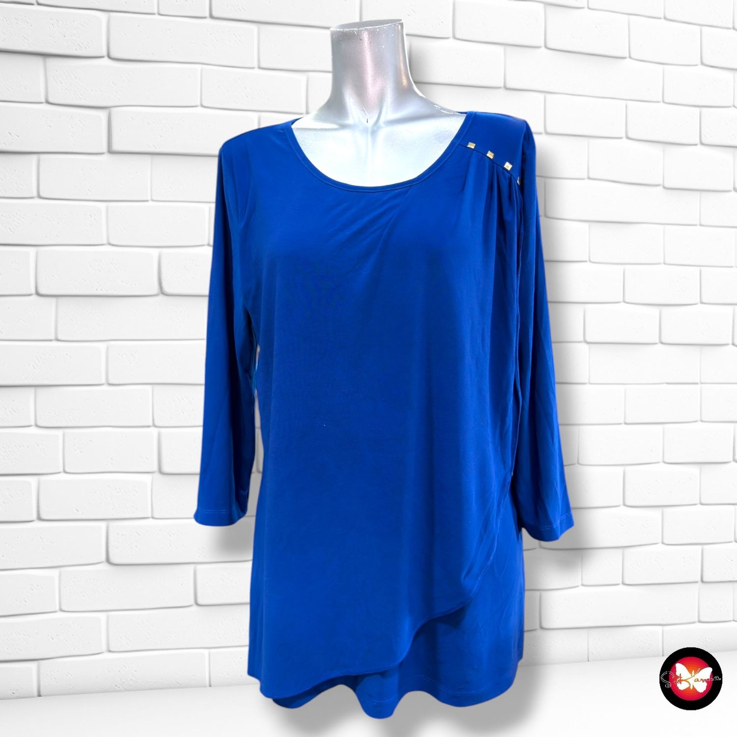 **HOY** Blusa con drapeado NINA LEONARD color Azul Talla L