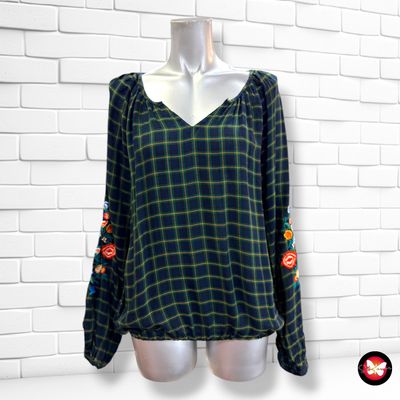 **HOY** Blusa de cuadros con bordados CAMAÏEU color Azul marino y verde Talla M/L