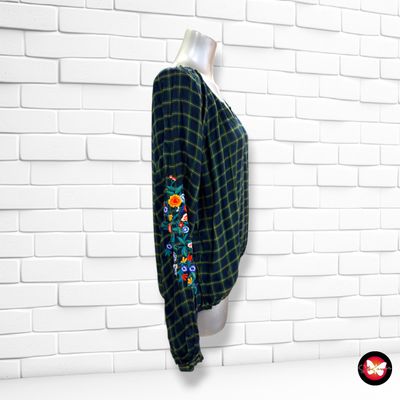 **HOY** Blusa de cuadros con bordados CAMAÏEU color Azul marino y verde Talla M/L