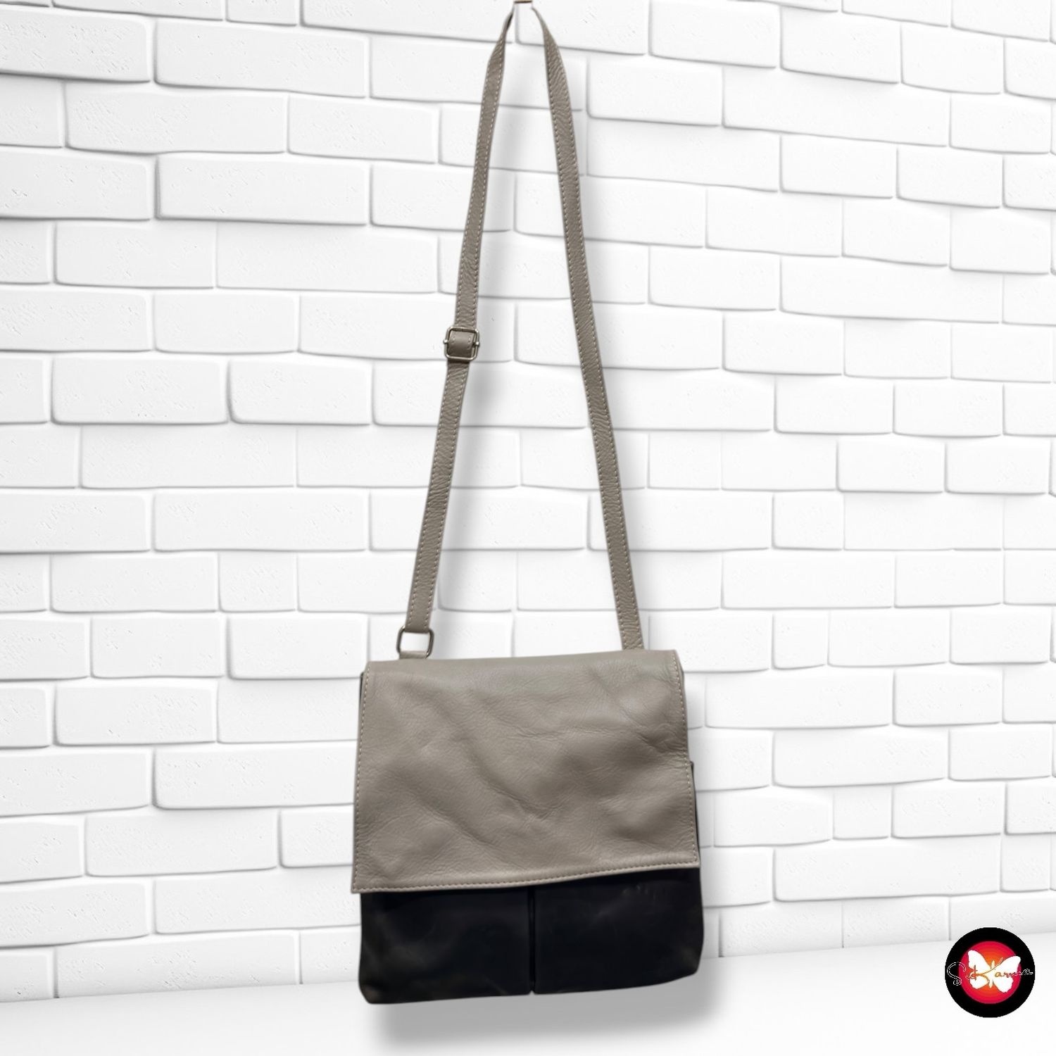 Bolso bandolera de piel  color Negro y gris Talla PEQUEÑO
