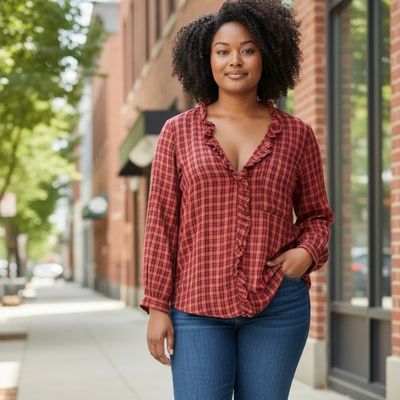 Blusa de cuadritos con volantitos KIABI color Rojo y azul Talla XL