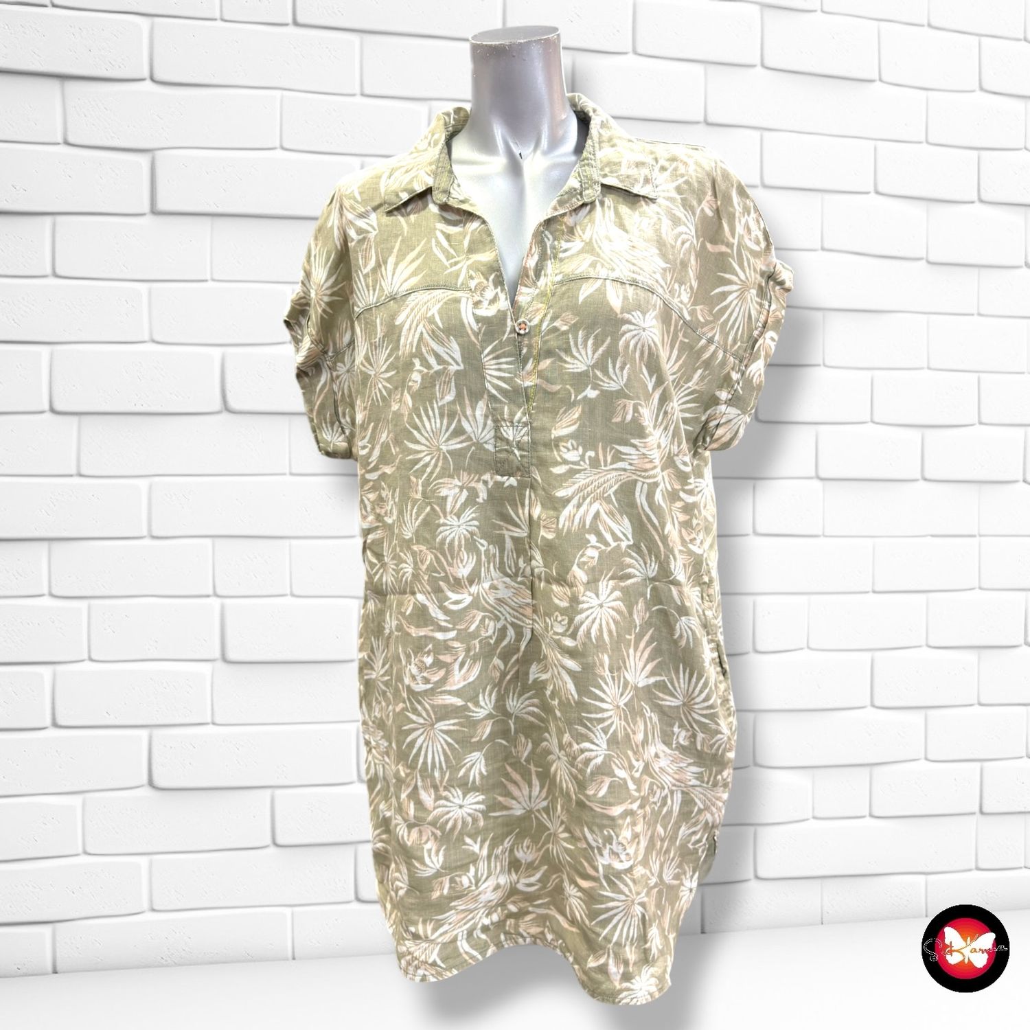 **HOY** Blusón de lino WHITE STUFF color Verde oliva y beige Talla 40