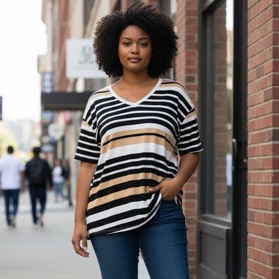 **HOY** Camiseta de manga corta de rayas color Negro, blanco y camel Talla 50