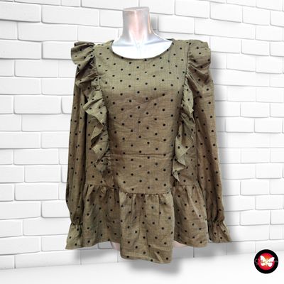 **HOY** Blusa con volantes y lunares PRIMARK color Verde oliva y negro  Talla 48