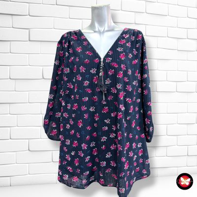 **HOY** Blusa de media manga estampada CANDA color Azul marino y magenta Talla XXL