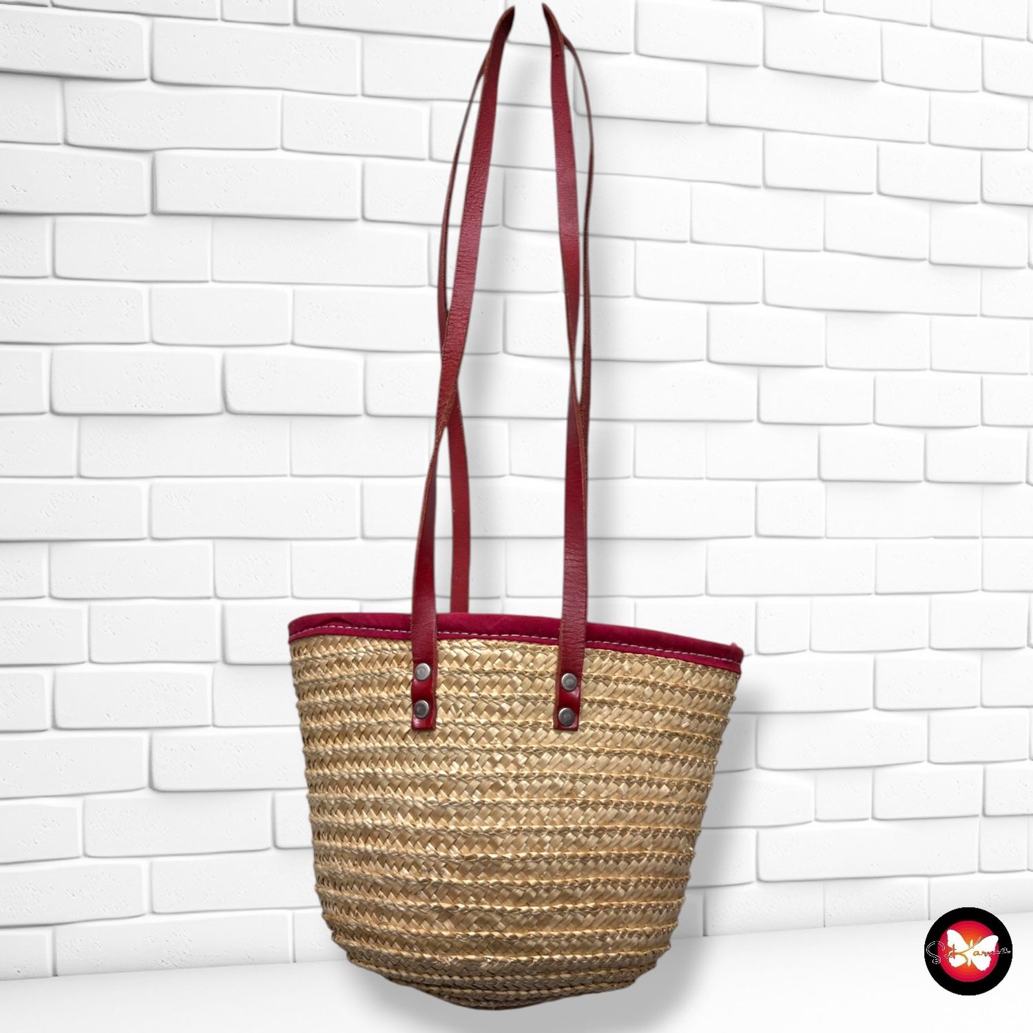 **HOY** Capazo de paja y piel  color Beige y rojo Talla MINI