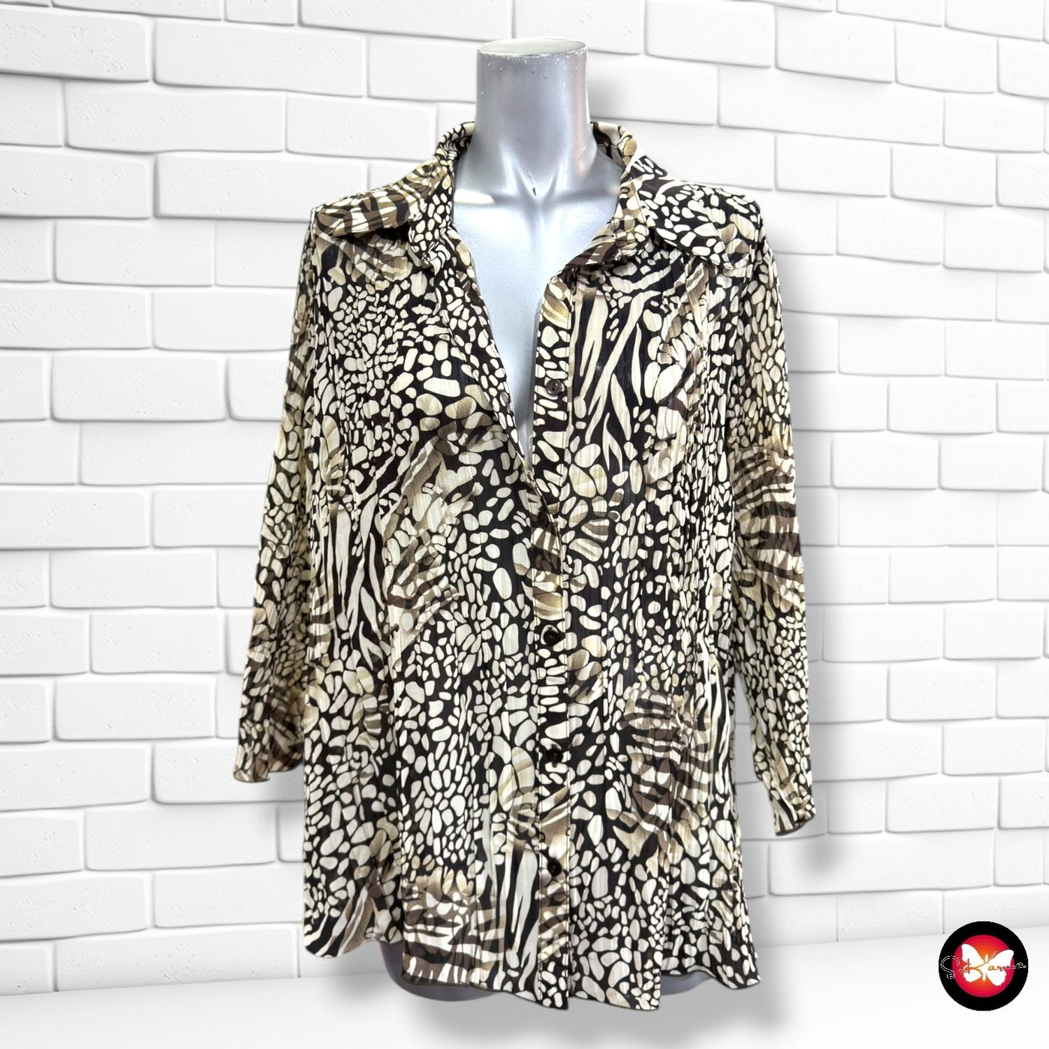 **HOY** Camisa traslúcida de media manga CANDA color Beige y marrón Talla 48