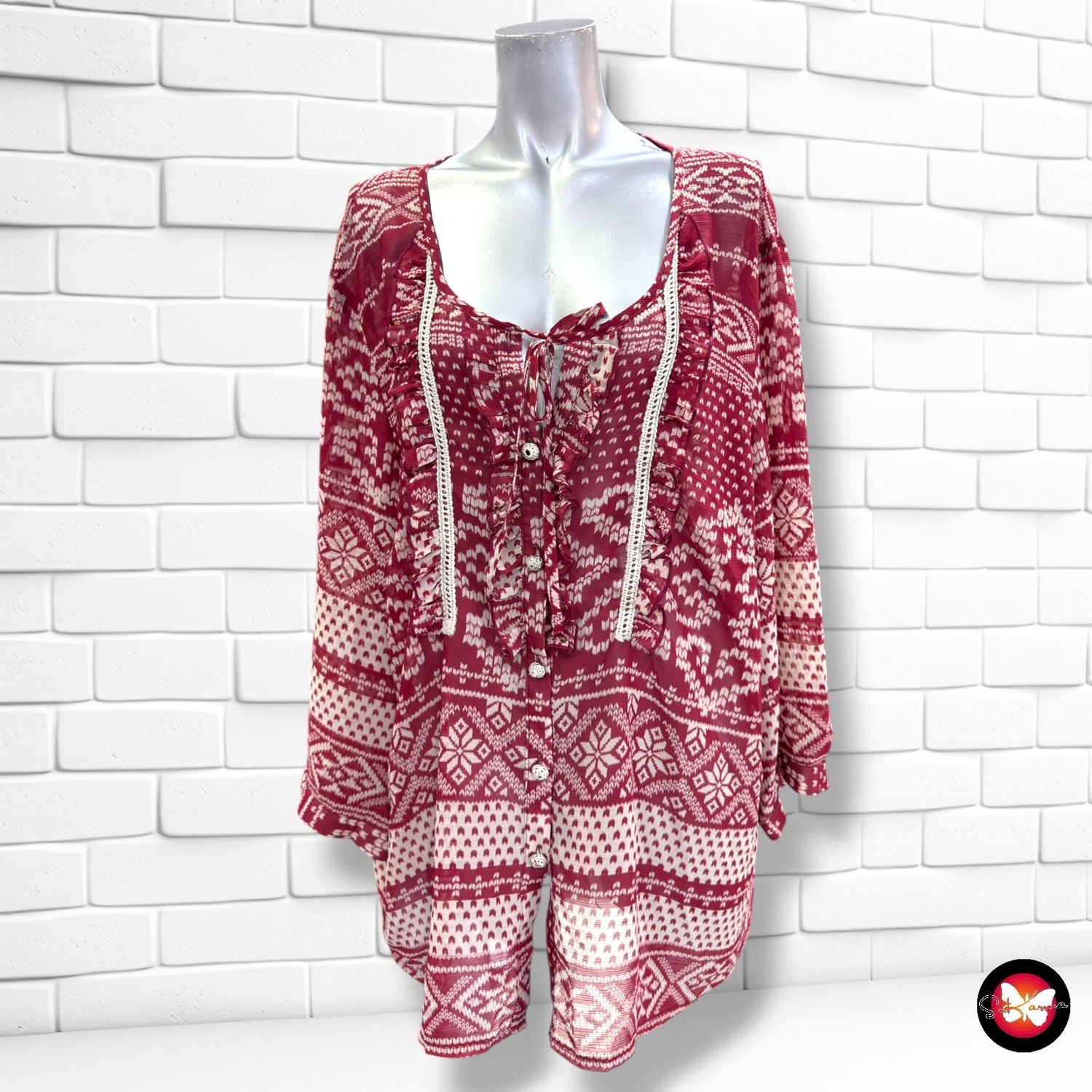 **HOY** Blusa traslúcida ULLA POPKEN color Granate y beige Talla 44/46