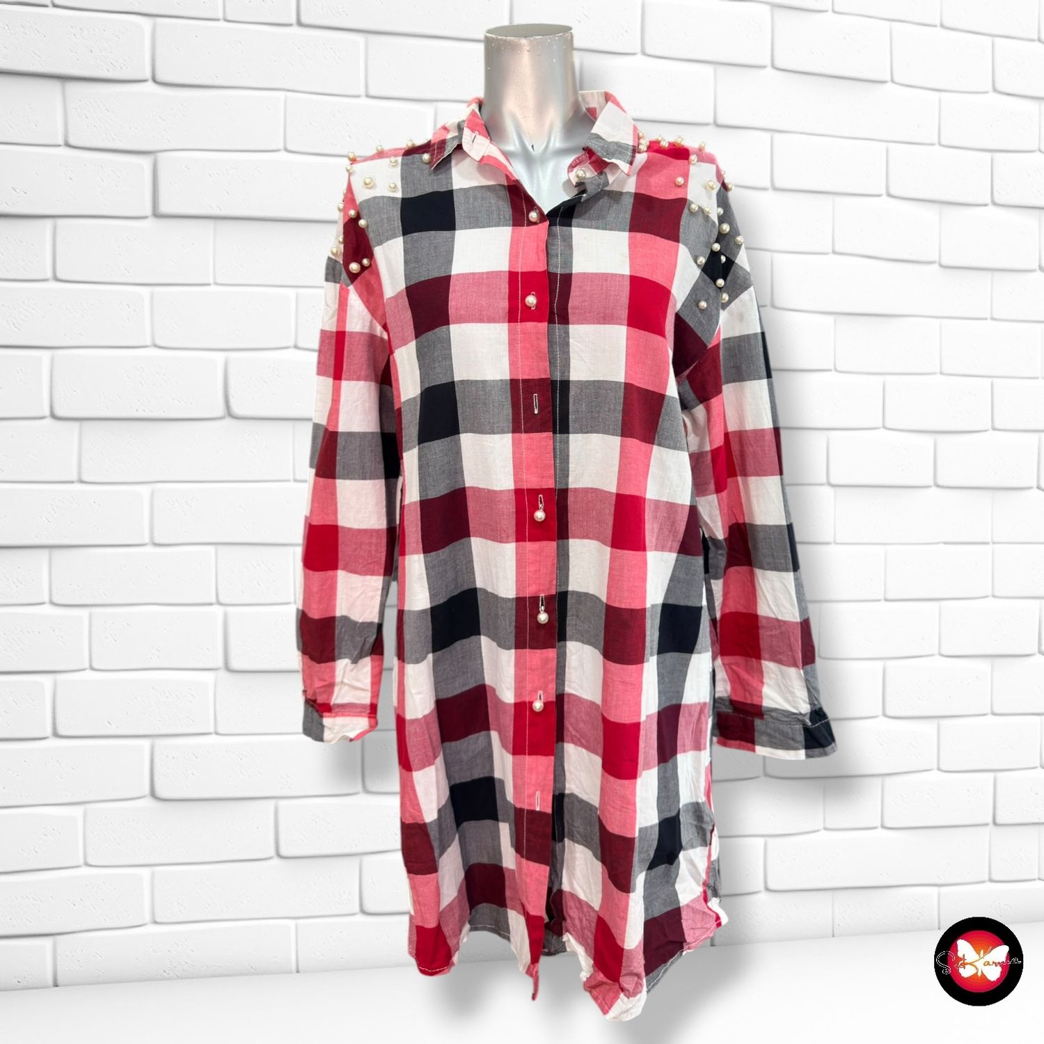 **HOY** Camisola de manga larga de cuadros con perlitas SHK PARIS color Negro, blanco y rojo Talla L