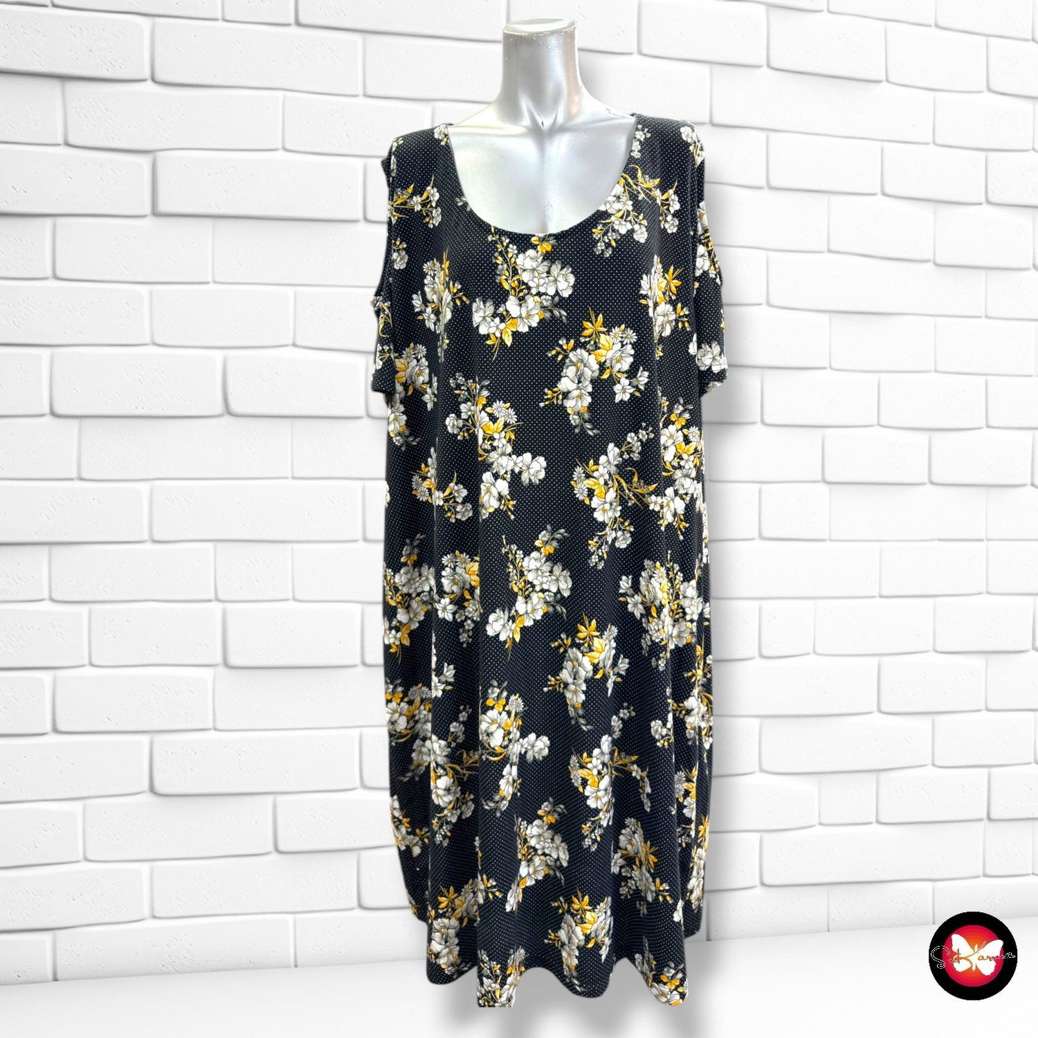 **HOY** Vestido con hombros descubiertos LAURA TORELLI color Negro, blanco y amarillo Talla 56/58