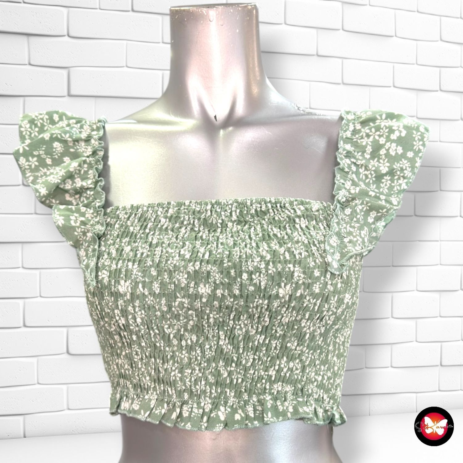 **HOY** Crop top fruncido  color Verde y blanco Talla XS