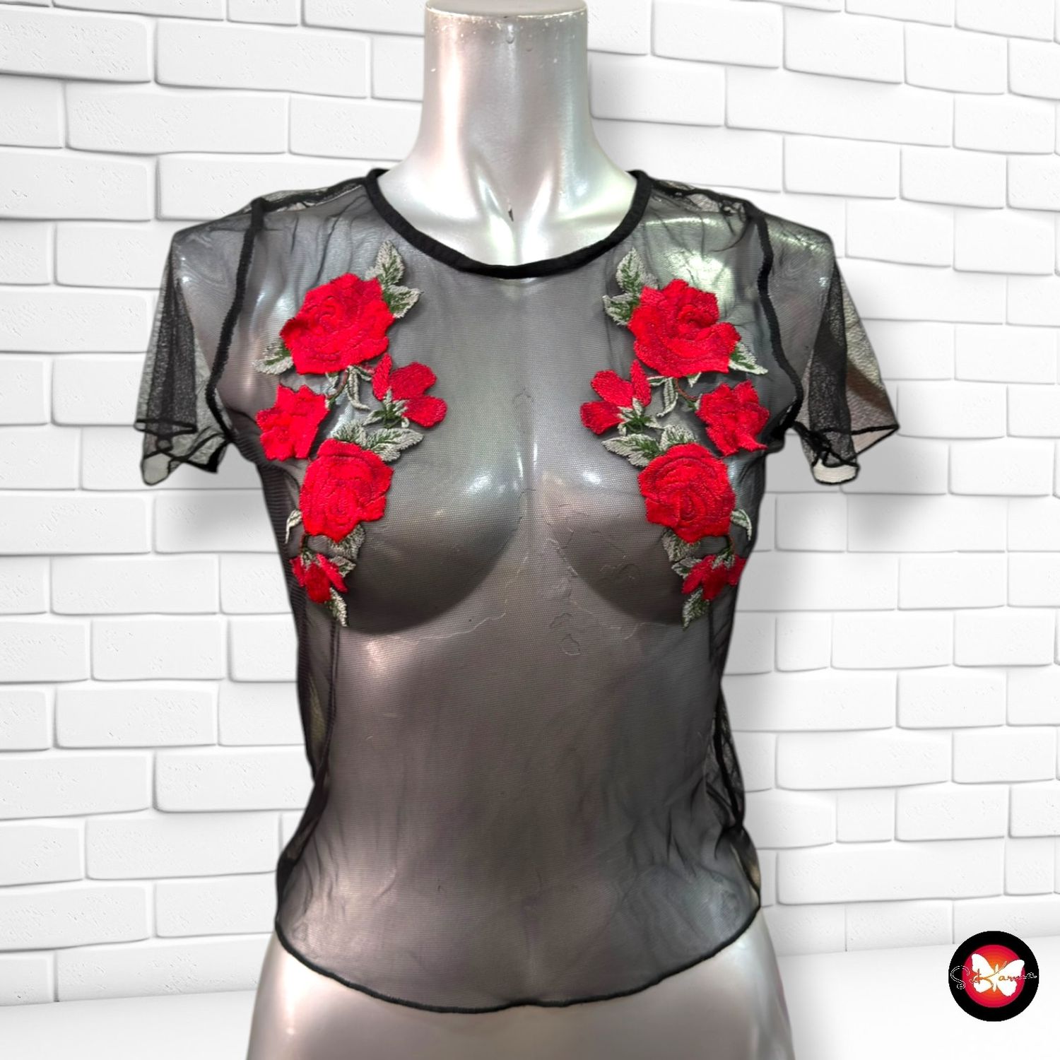 **HOY** Camiseta traslúcida con bordados  color Negro Talla XS