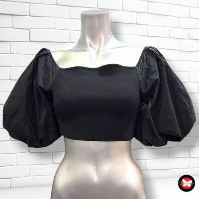 **HOY** Crop top de punto con mangas abullonadas ZARA color Negro Talla S