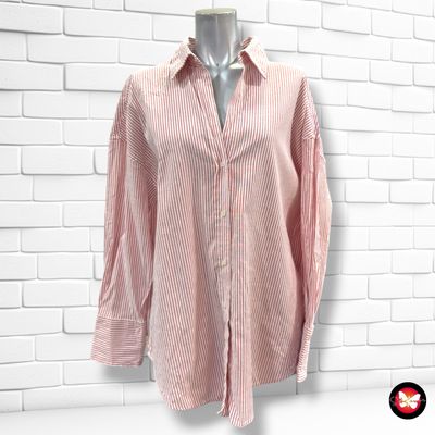 **HOY** Camisa oversized de manga larga de rayitas ZARA color Blanco y rojo Talla M