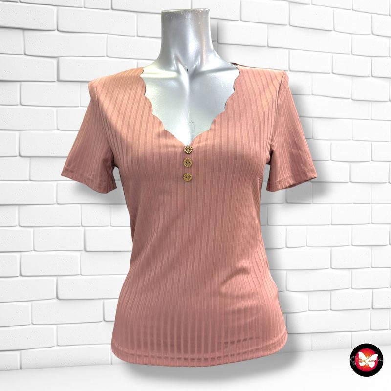 Camiseta de manga corta canalé con botones  color Rosa viejo Talla S