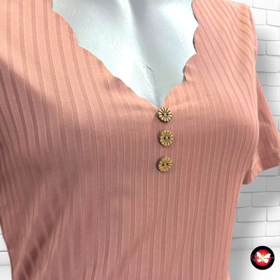 **HOY** Camiseta de manga corta canalé con botones  color Rosa viejo Talla S