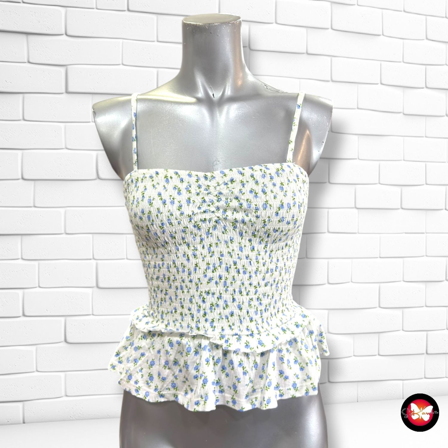 Crop top fruncido de florecitas PRIMARK color Blanco Talla XS