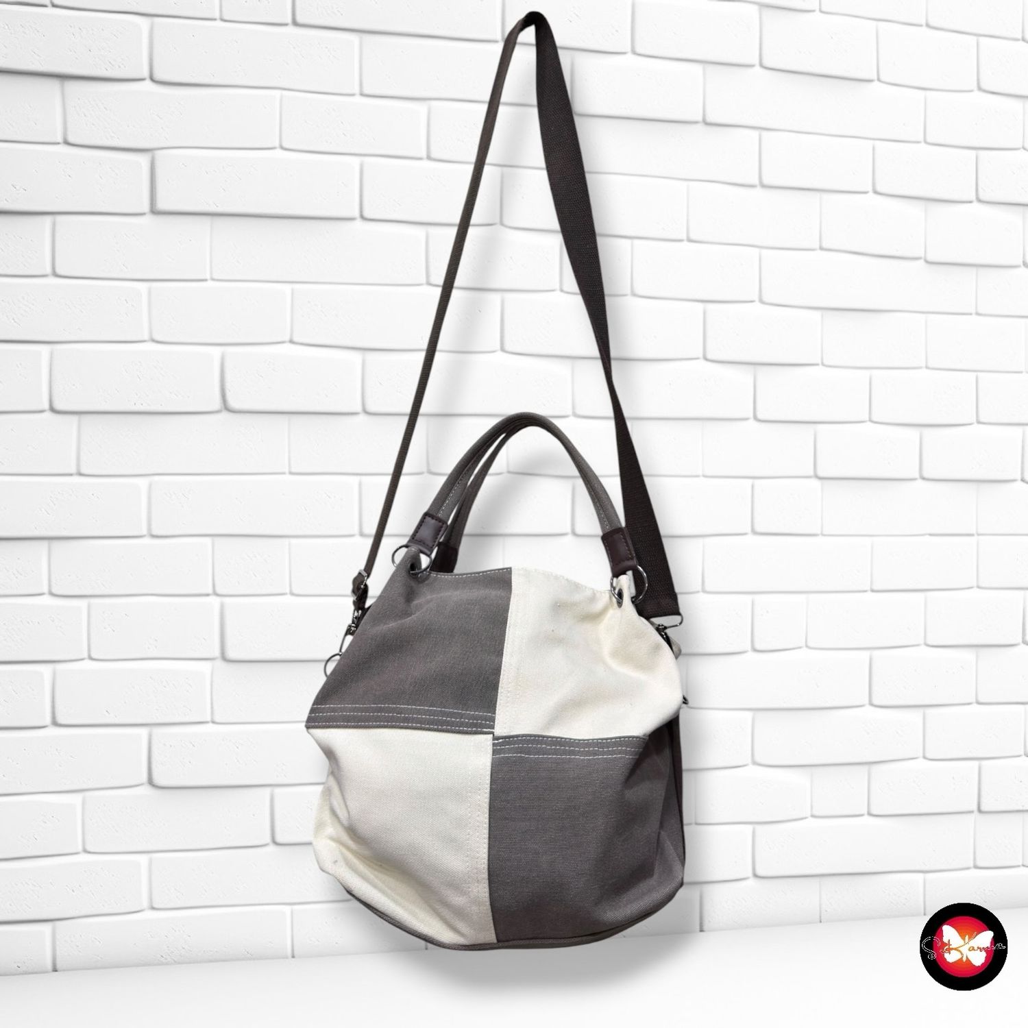 **HOY** Bolso de hombro / bandolera de tela  color Taupe y crema Talla GRANDE