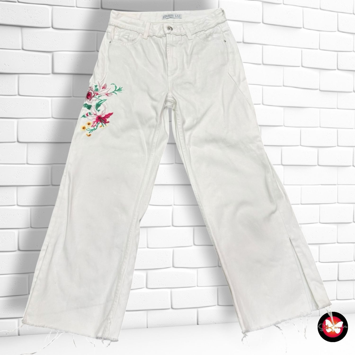 **HOY** Pantalón ancho de pierna con bordados ZARA color Blanco Talla 34