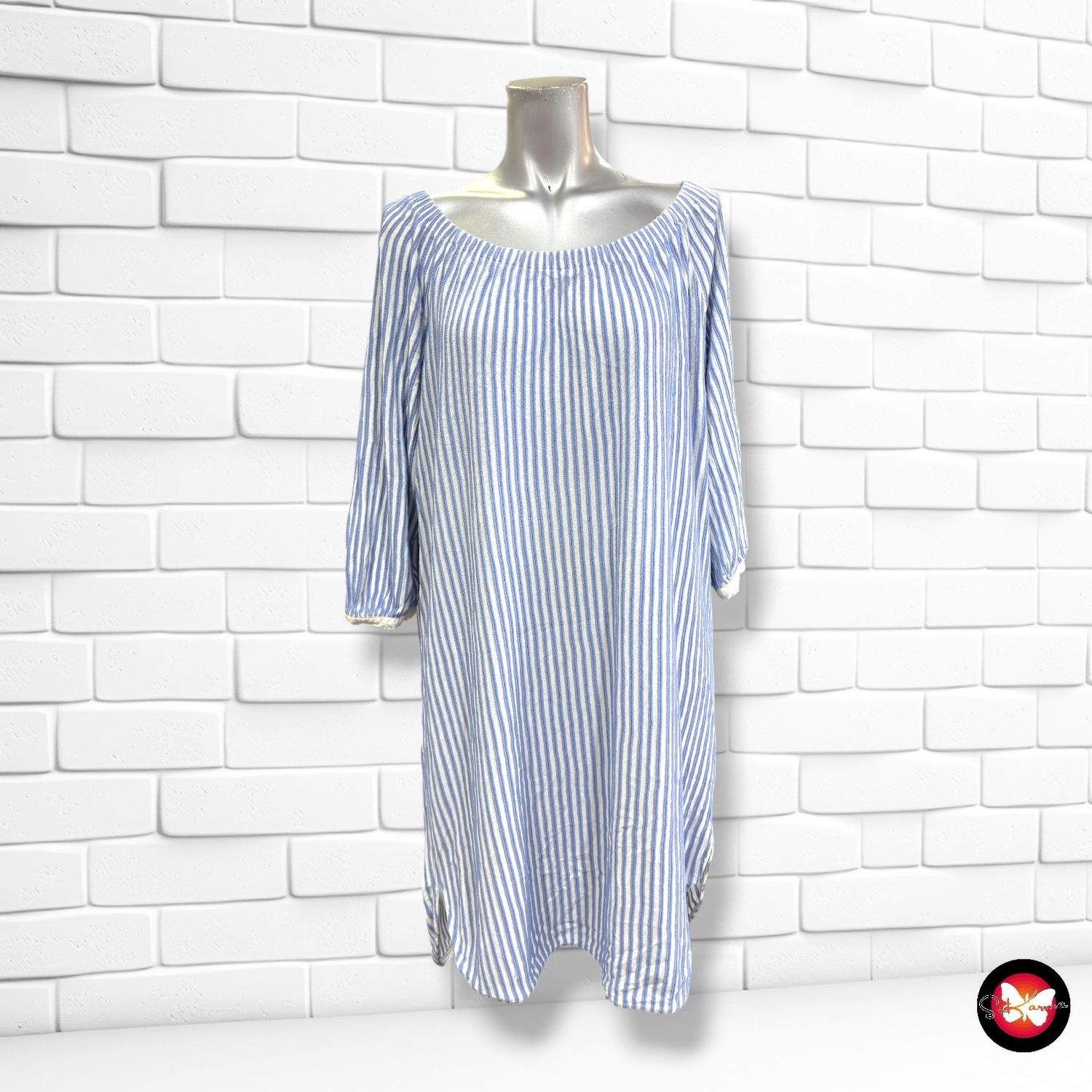 **HOY** Vestido escote barco de rayitas MARC CAIN color Celeste y blanco Talla L