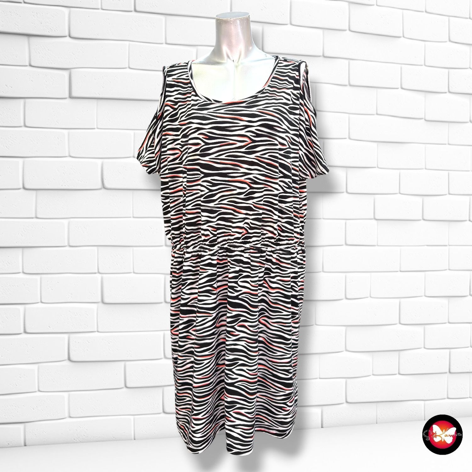 **HOY** Vestido con hombros descubiertos JANINA color Negro, blanco y naranja Talla 48