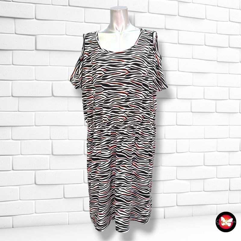**HOY** Vestido con hombros descubiertos JANINA color Negro, blanco y naranja Talla 48