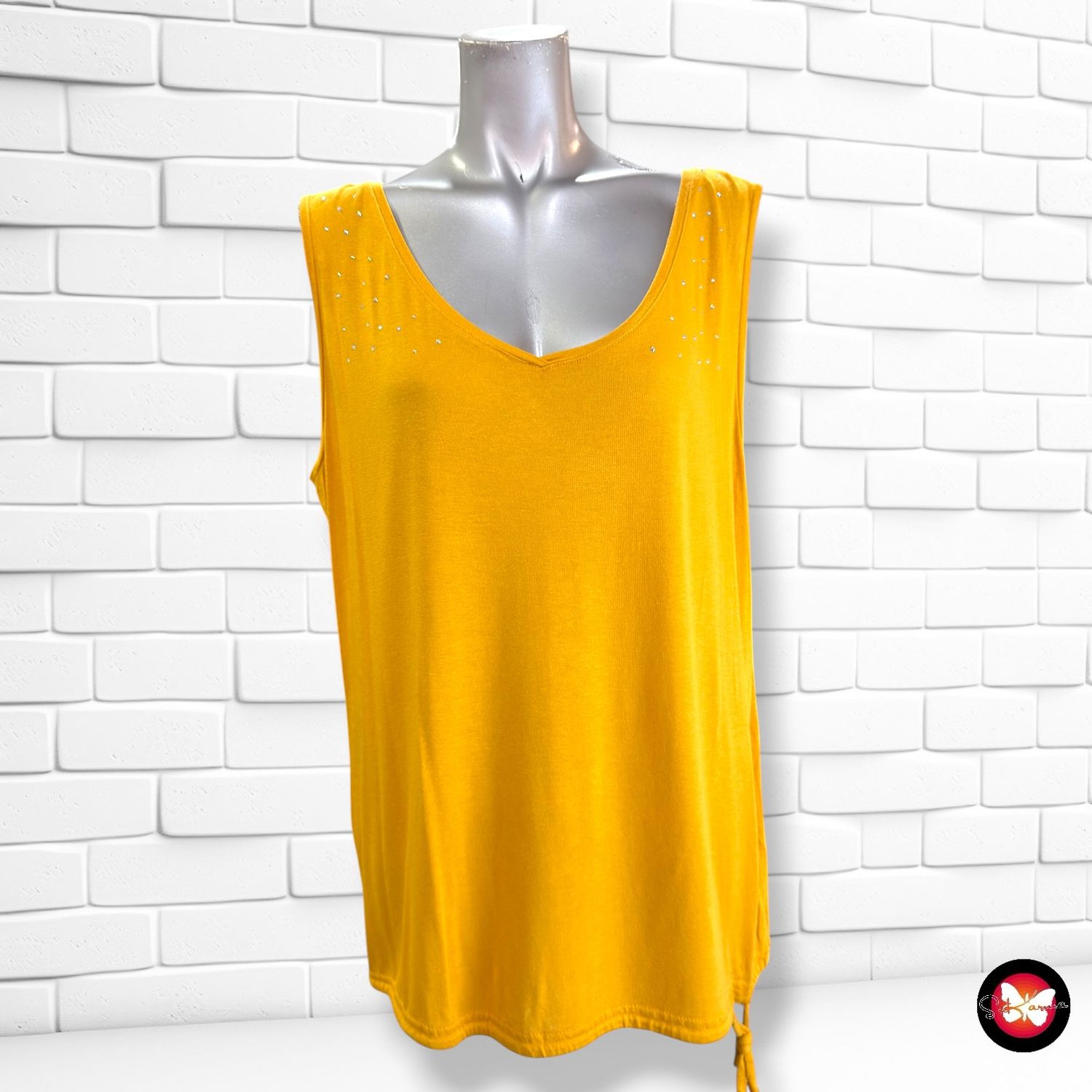 **HOY** Camiseta sin mangas básica con brillitos JANINA color Mostaza Talla 42 (grande)