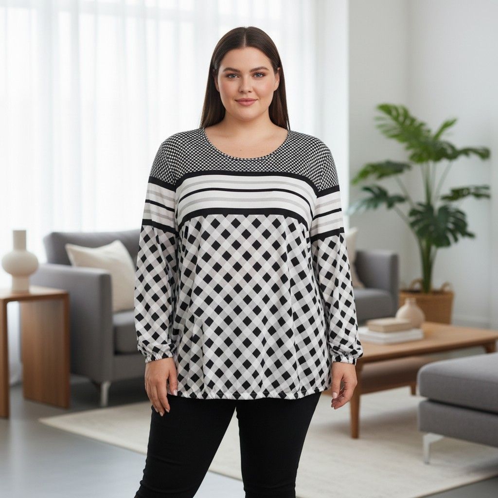 Blusa de manga larga  color Negro y blanco Talla 46