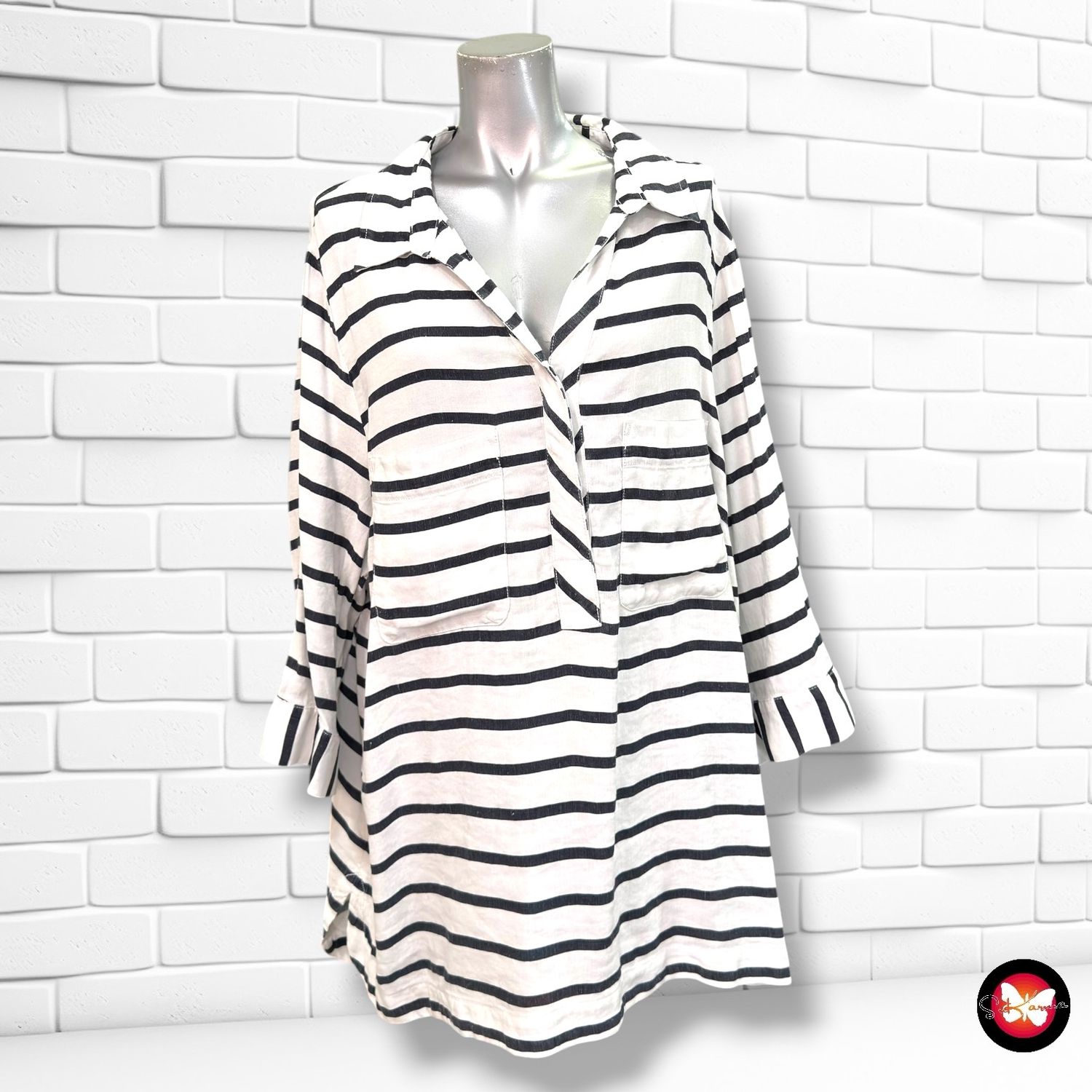 **HOY** Blusa de lino de rayas C&amp;A color Blanco y azul Talla 50