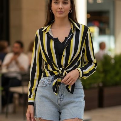 Camisa de manga larga de rayas &amp;CO WOMAN color Negro, blanco y amarillo Talla XL