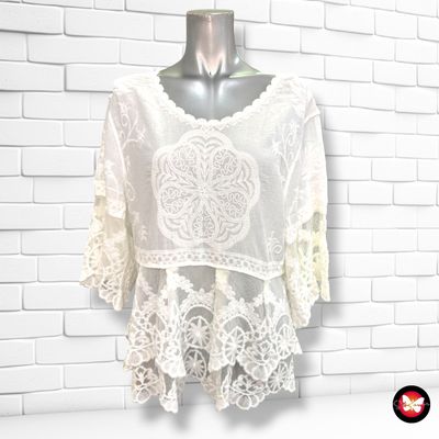 **HOY** Blusa ibicenca con encaje color Blanco Talla ÚNICA
