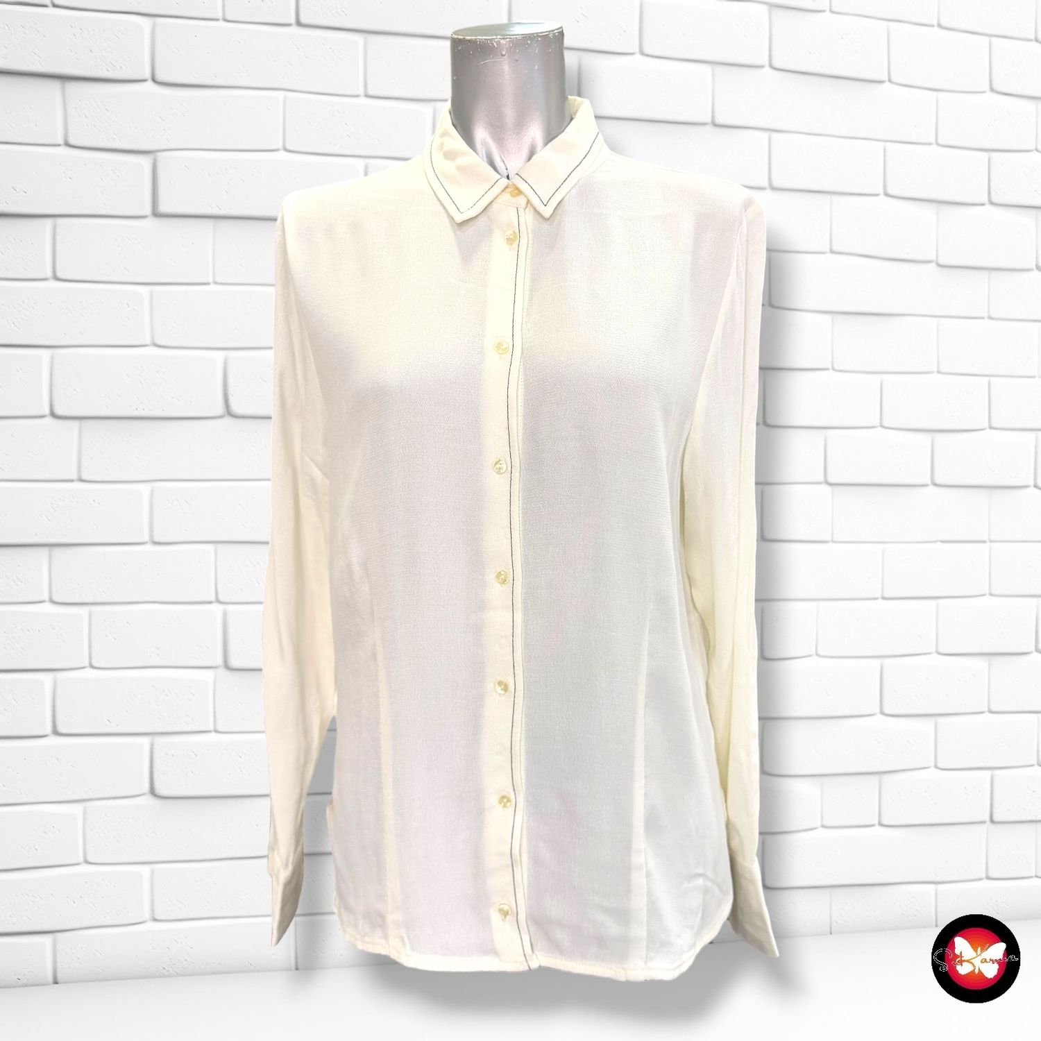 Camisa de manga larga con pespunte MANGO color Hueso Talla S