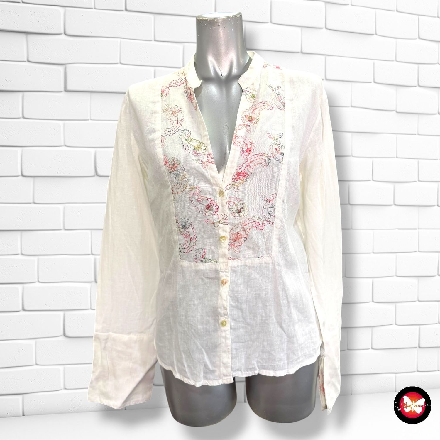 Camisa de lino de manga larga con bordados color Blanco Talla 44