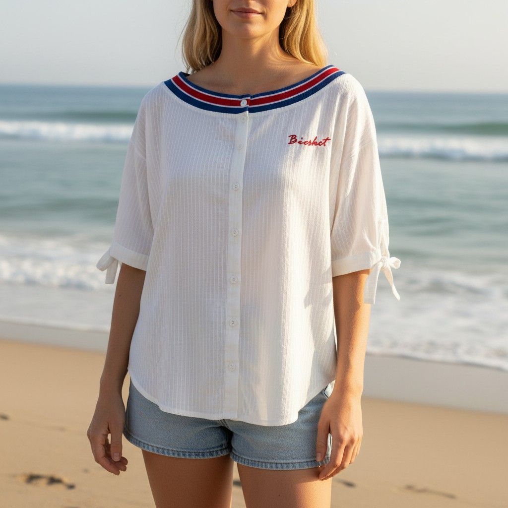 Blusa escote barco  color Blanco, azul y rojo Talla L