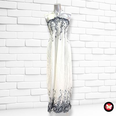 Vestido largo con bordados  color Blanco y azul marino Talla ÚNICA