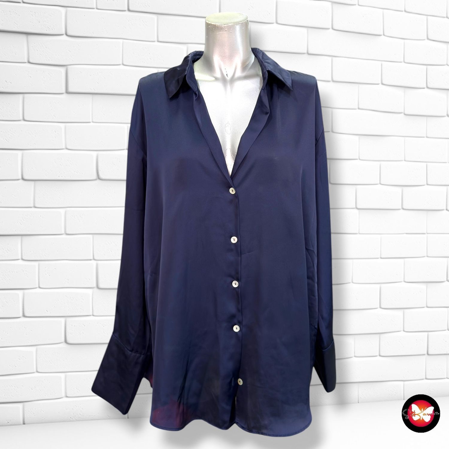 Camisa de manga larga satinada ZARA color Azul marino Talla XL