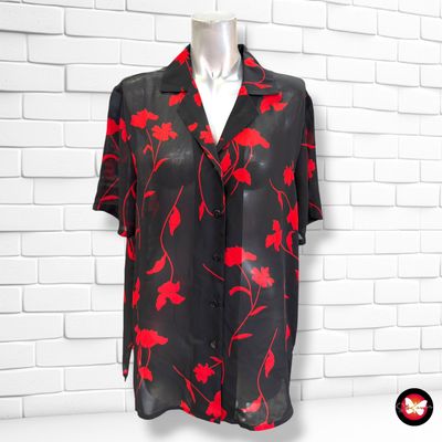 **HOY** Camisa de manga corta traslúcida  color Negro y rojo Talla 40 (grande)
