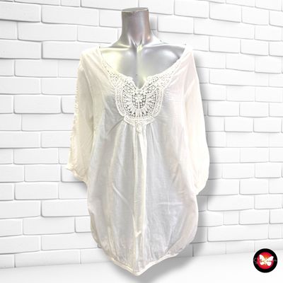 **HOY** Blusa de media manga con encaje  color Blanco Talla ÚNICA
