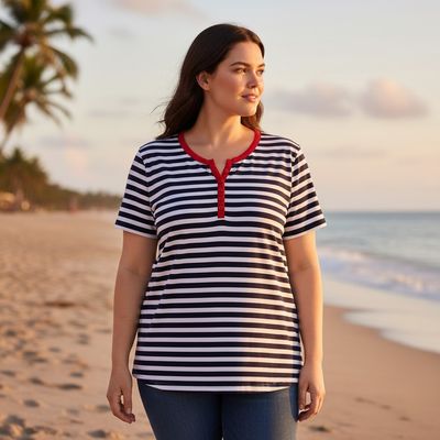 **HOY** Camiseta de manga corta de rayitas  color Azul marino, blanco y rojo Talla 44
