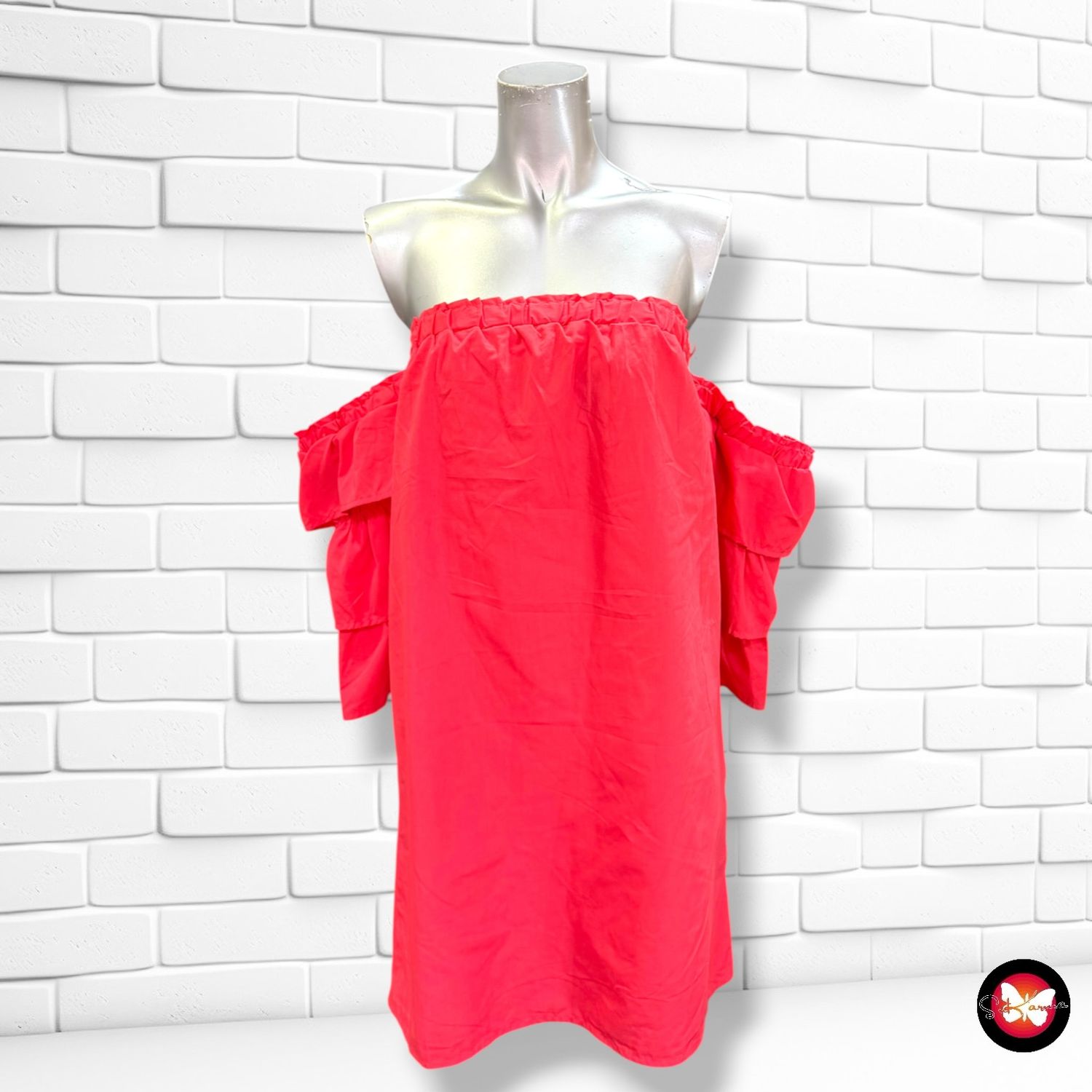 **HOY** Vestido palabra de honor con mangas de volantes AMISU color Fresa Talla 40