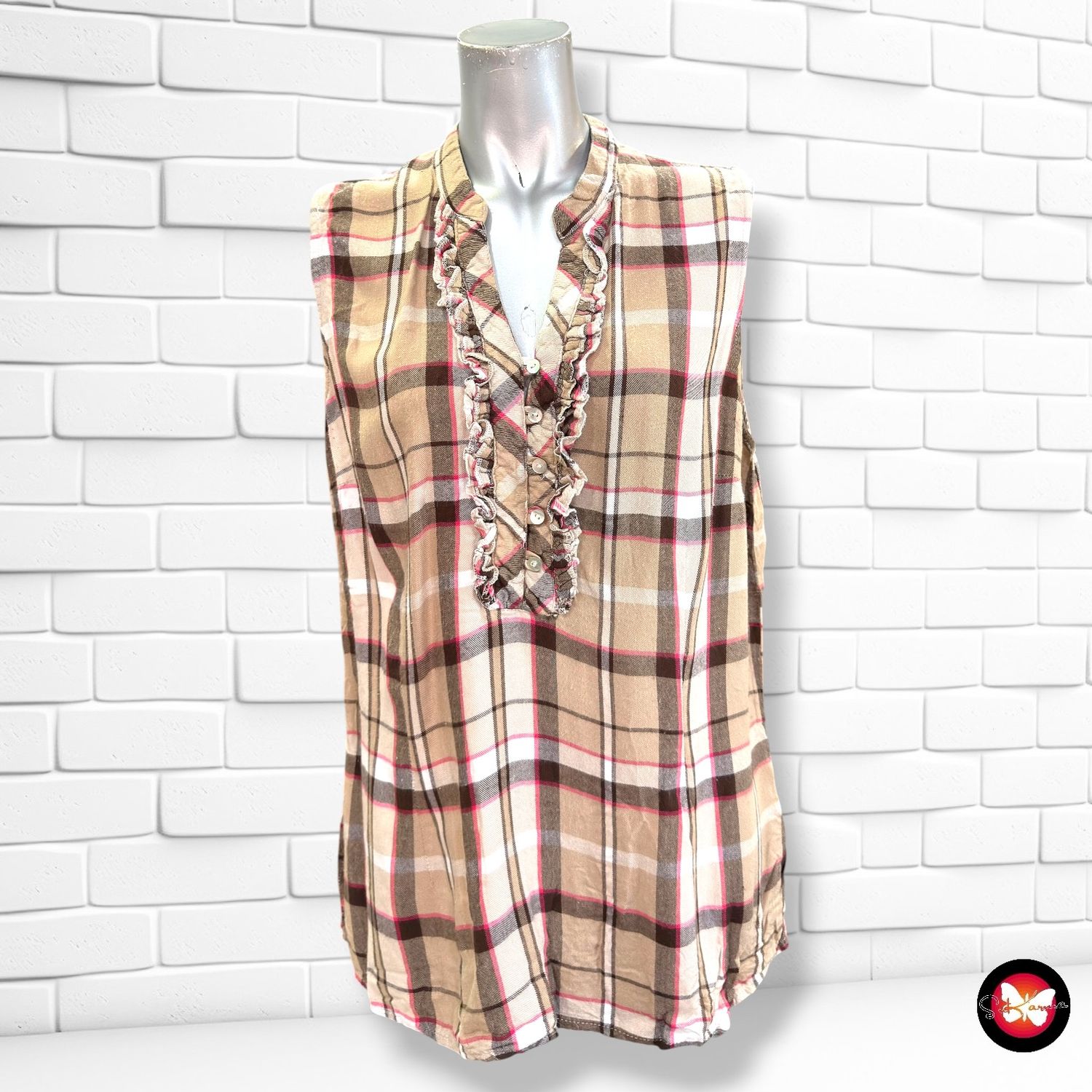 **HOY** Blusa sin mangas se cuadros COLOURS OF THE WORLD color Camel, marrón y rojo Talla L