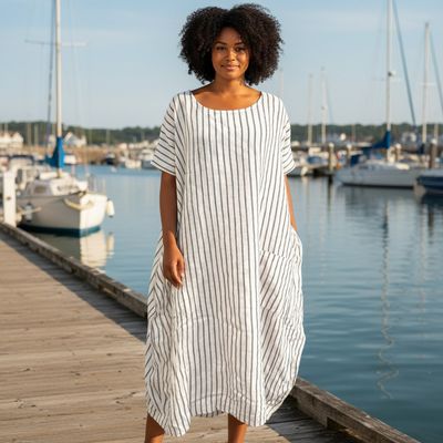 **HOY** Vestido midi de rayitas de lino  color Blanco y azul Talla ÚNICA GRANDE