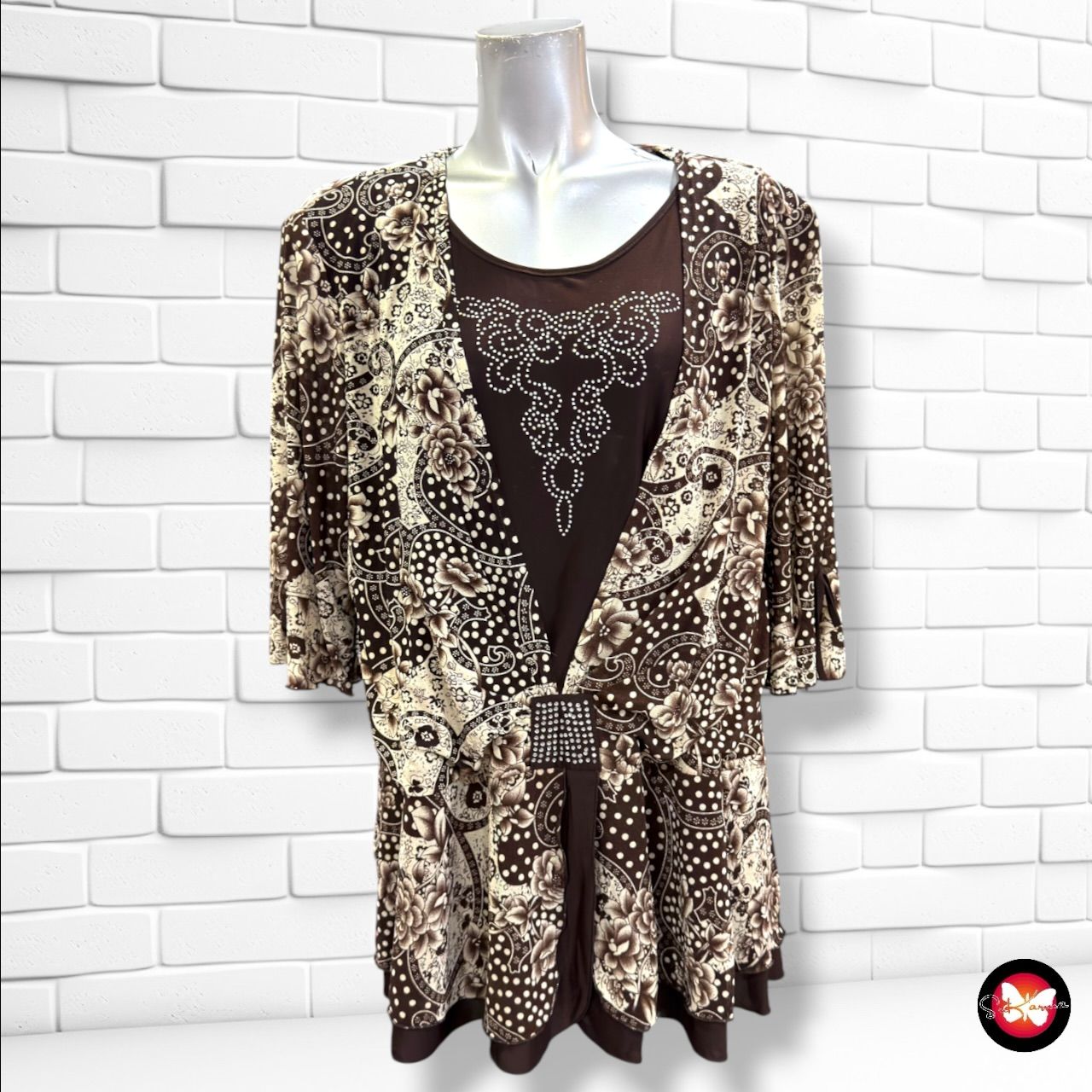 **HOY** Blusa de media manga   color Marrón y beige Talla L/XL