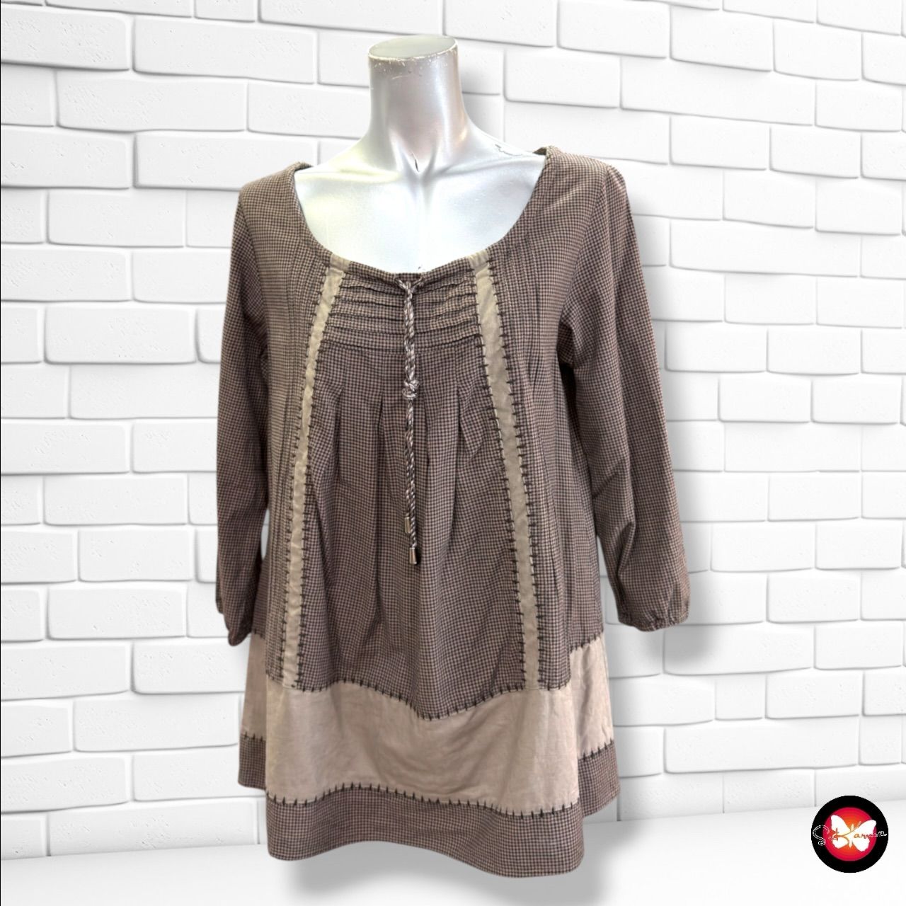 **HOY** Blusón de media manga de cuadritos ZARA color Marrón y negro Talla XS