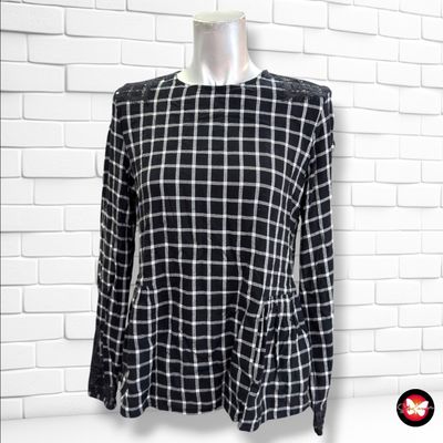 **HOY** Blusa de manga larga de cuadros con encaje EDC color Negro y blanco Talla S