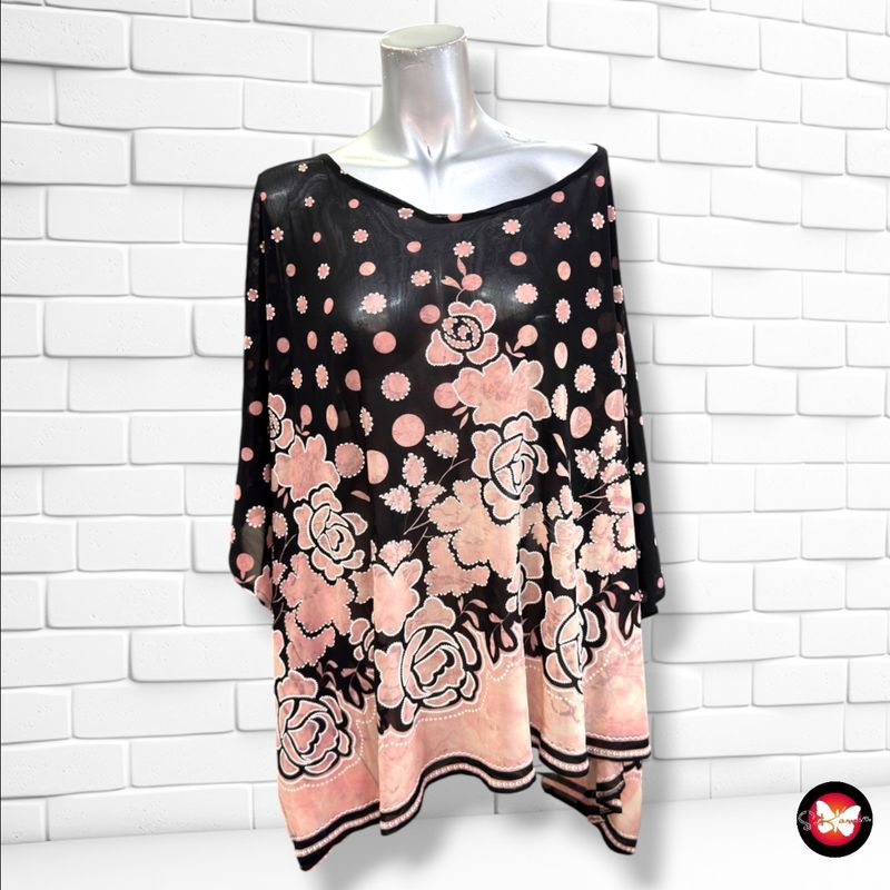 Blusa corte mariposa traslúcida  color Negro y rosa Talla ÚNICA GRANDE