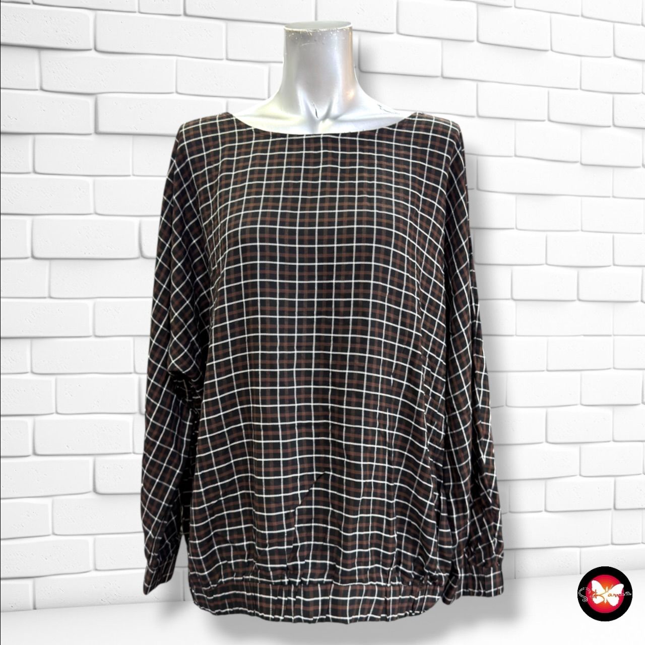 **HOY** Blusa de manga larga de cuadros TCHIBO color Marrón, negro y blanco Talla 42 (grande)