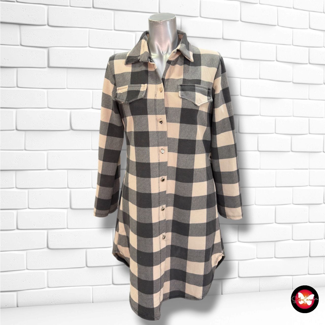 **HOY** Vestido camisero de cuadros  color Nude y gris Talla ÚNICA
